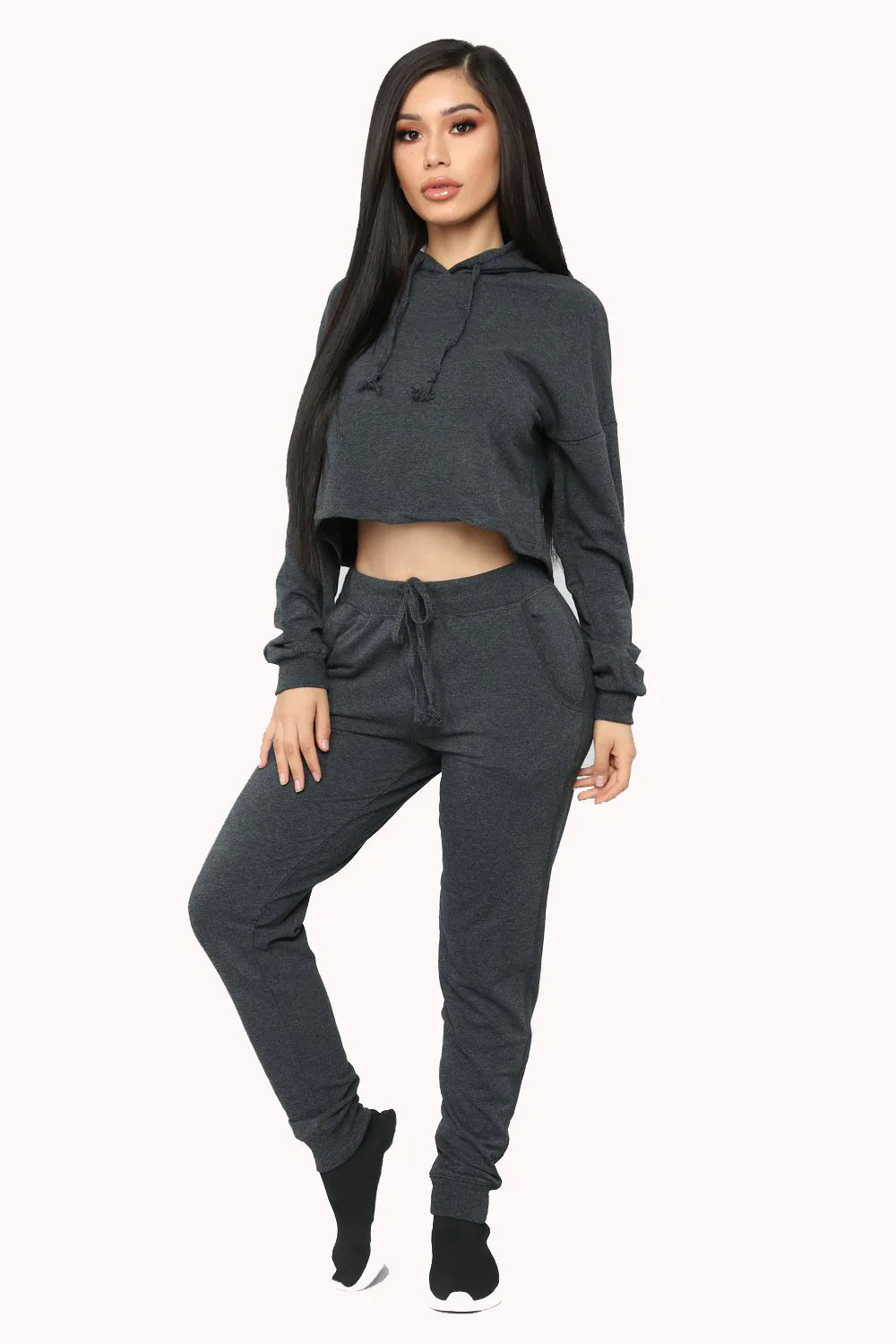 Cropped Drawstring Hoodie Set