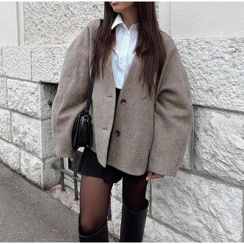 V-Neck Long-Sleeve Button-Down Coat